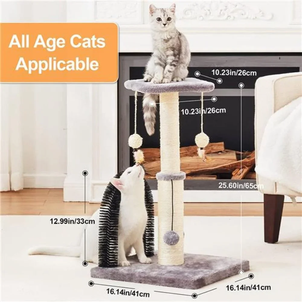 Cat Scratching Post with Self Groomer and Dangling Balls, Grey